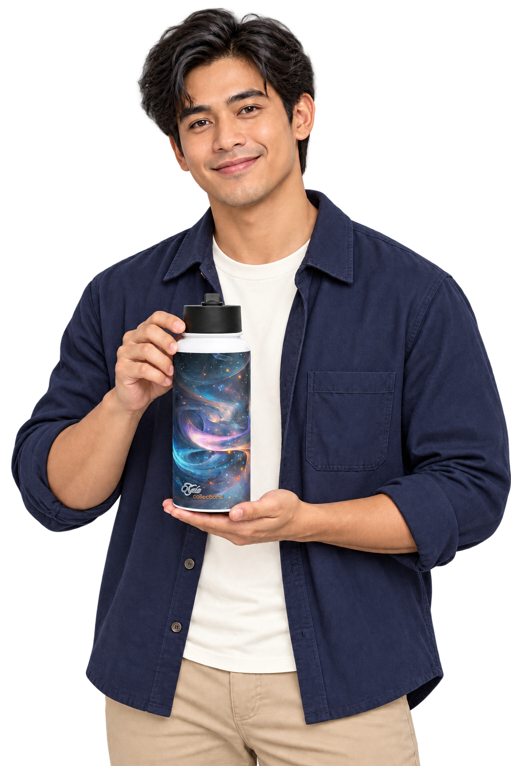 Fictional Filipino model holding the Kyla Universe Swirling Sky bottle; transparent editorial mockup. Actual product colours may vary.