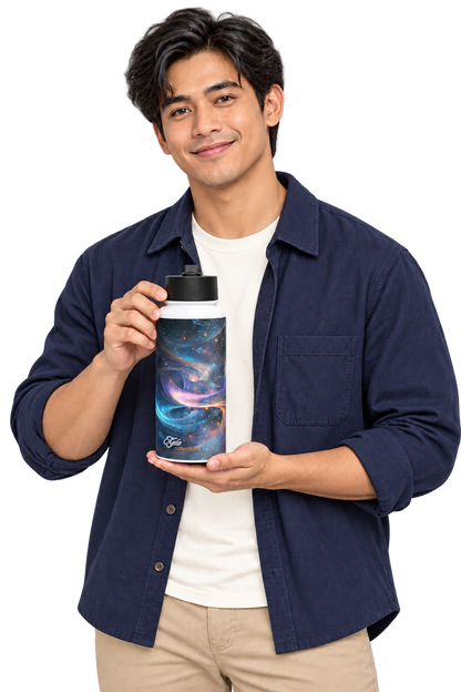 Fictional Filipino model holding the Kyla Universe Swirling Sky bottle; transparent editorial mockup. Actual product colours may vary.
