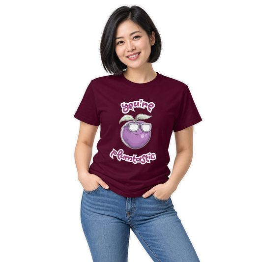 Plum Pun! You're Plumtastic - AI-generated fictional model mockup, transparent background and white outline; actual product colours may vary.