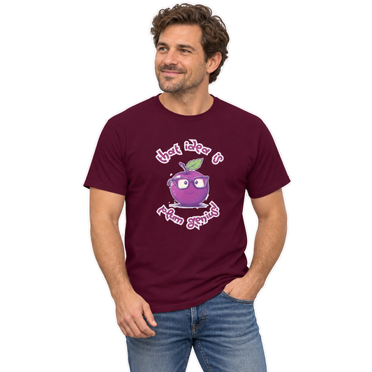 Plum Pun! Genius Idea - AI-generated fictional model mockup, transparent background and white outline; actual product colours may vary.