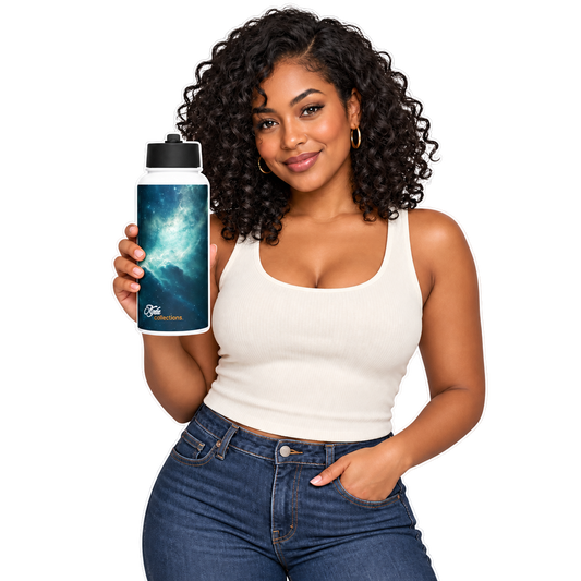 Fictional model holding the Kyla Universe Galactic Clouds bottle; transparent background and thin white outline.