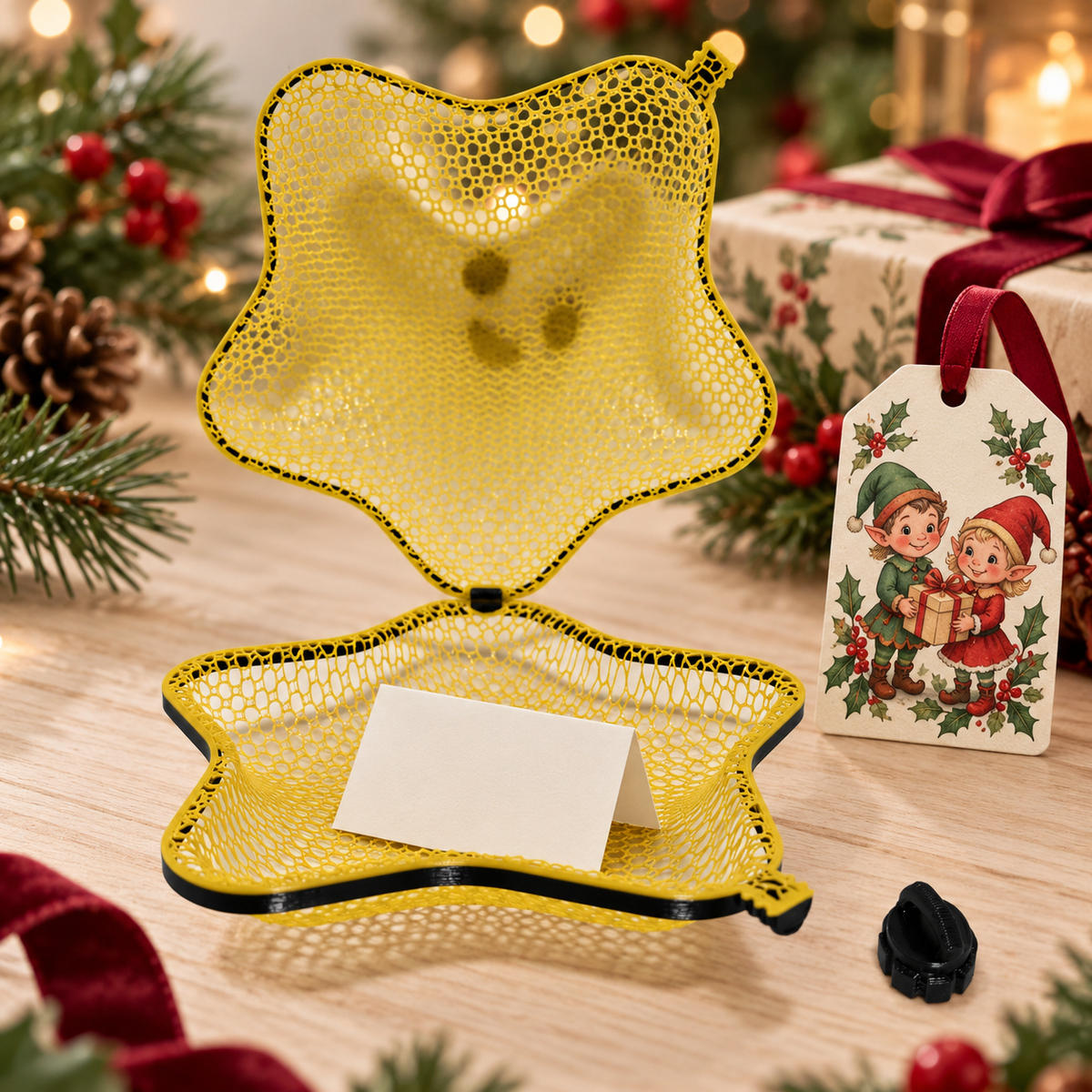 Styled open-star mockup with Christmas elves illustrated gift tag and folded note; props and contents are not included
