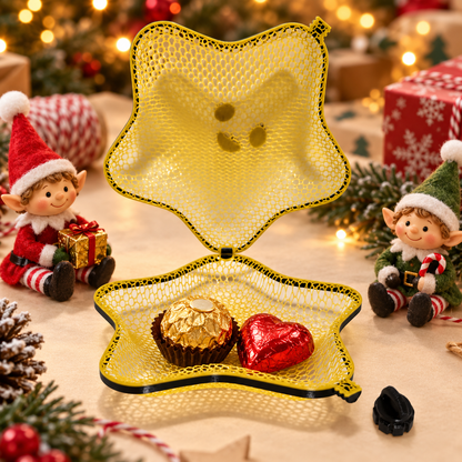 Styled open-star mockup with Christmas elves figurines and wrapped chocolates; props and contents are not included